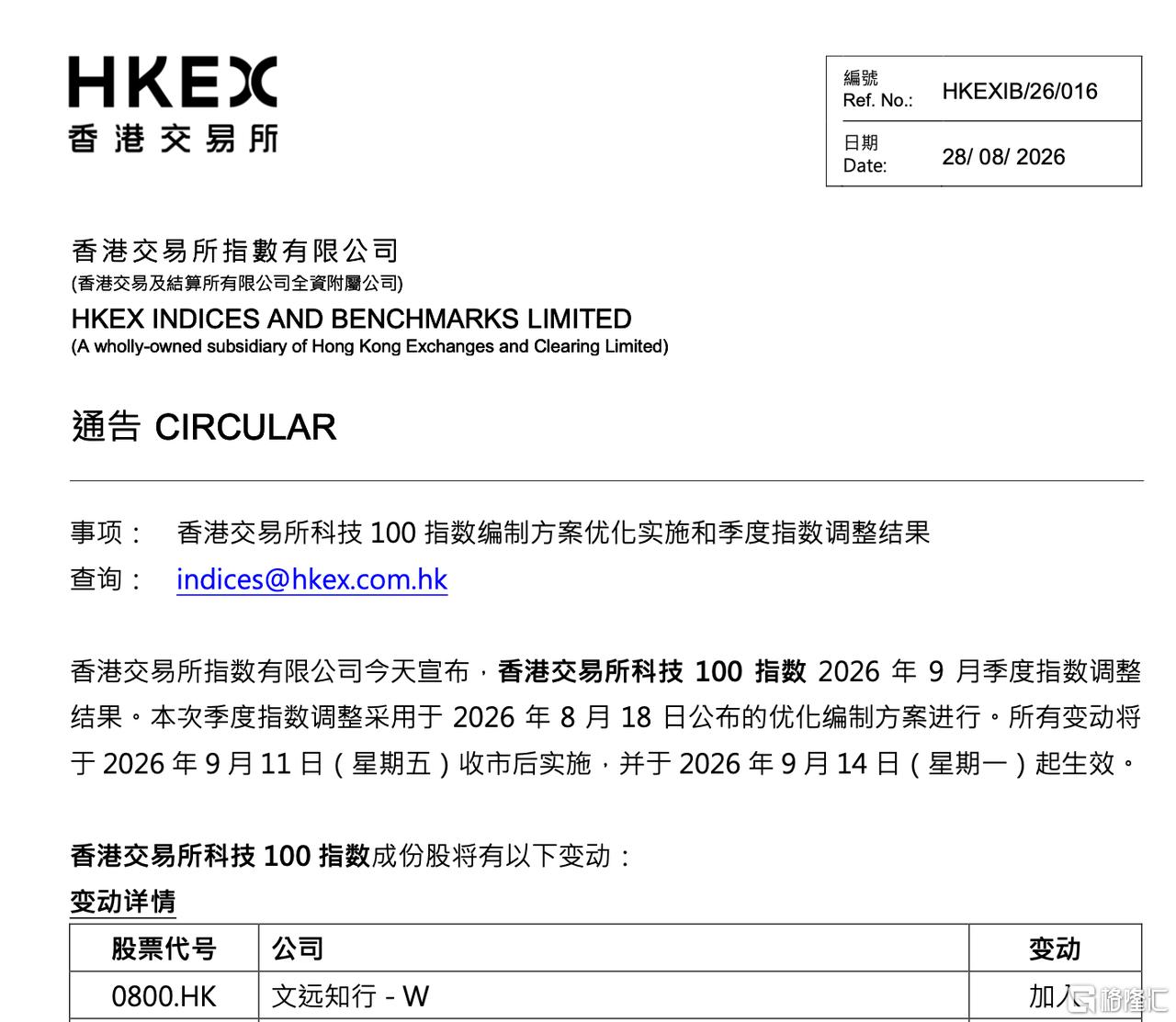 (港交所科技100指数季度调整公告)